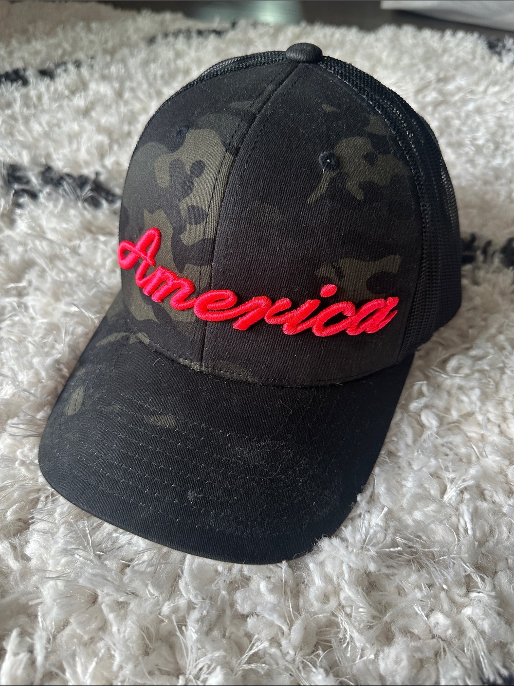 Camo Trucker Hat with Hot Pink "America" Embroidery